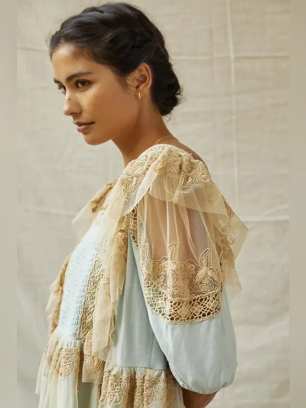NWT Forever That Girl Blue/Tan Ruffle Lace Peplum Fairy Top Large Anthropologie - Image 4