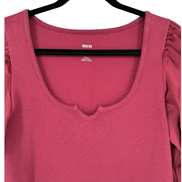 Anthropologie Maeve Ribbed Tiered Sleeve Mixed Media Top‎ Burgundy Size Small - Image 6