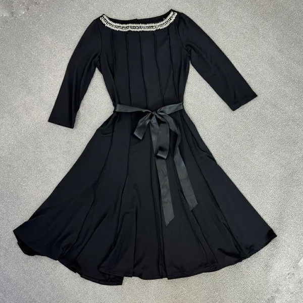Maria Gabrielle Beaded Neckline Belted Panel Knit Midi Dress Black Large‎ - Image 12