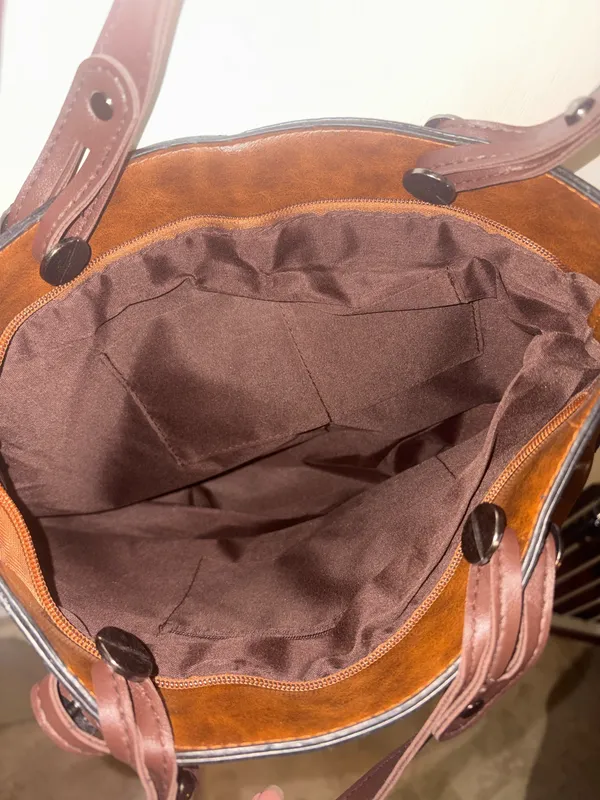 dark brown faux leather multi-pocket tote handbag featuring dual top handles and vertical front zipper pockets - Image 4