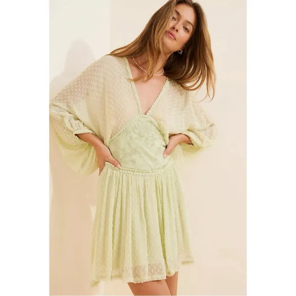 Free People Bohemian Ethereal Cottage Sweet Dreams Mini Dress Frozen Dew Medium - Image 14
