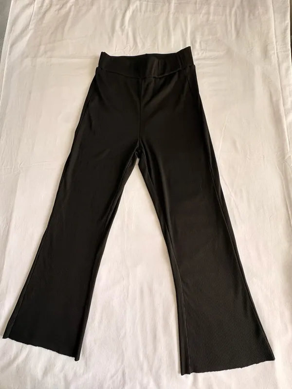 Black Ribbed Wide Leg Stretch Pants XS - Image 5