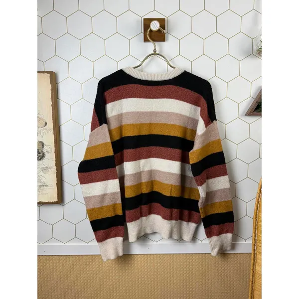 Active USA Tan Color Block Striped Knit Boxy Fit Sweater - Size - Large - Image 2
