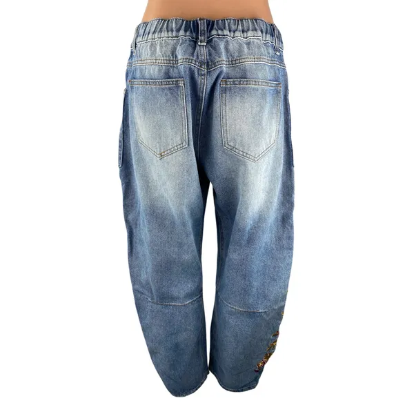 Women's Blue High Waisted Floral Embroidered Welt Pocket Barrel Denim Jeans Sz L - Image 2