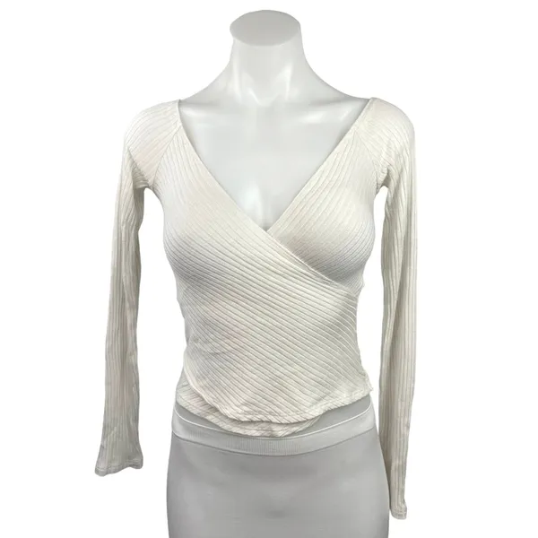 Reformation Minnie Ivory V-Neck Wrapped Knit Long Sleeve Ribbed Sweater Top XS - Image 3
