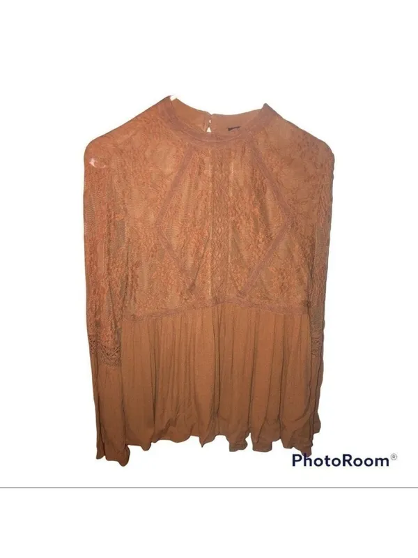 American Eagle Blush Pink Lace Peplum Bell Sleeve Long Sleeve Top Blouse - Image 3