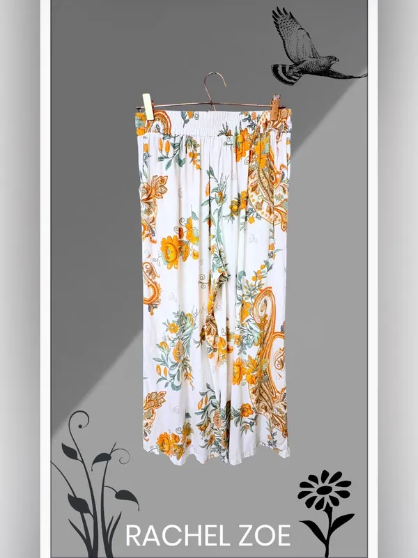 Rachel Zoe Linen Blend Wide Leg Pants Orange Floral Paisley Boho Resort Sm - Image 2