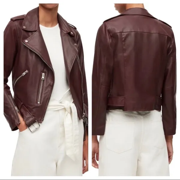 ALL SAINTS‎ Balfern Biker Jacket in Deep Berry Red Size 4 NWT - Image 3