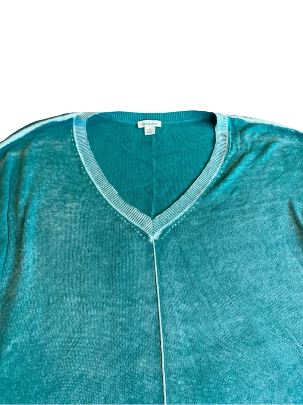 Sundance Teal Mint Trim V Neck Cotton Sweater Sleeve Oversized Medium Women's - Image 3