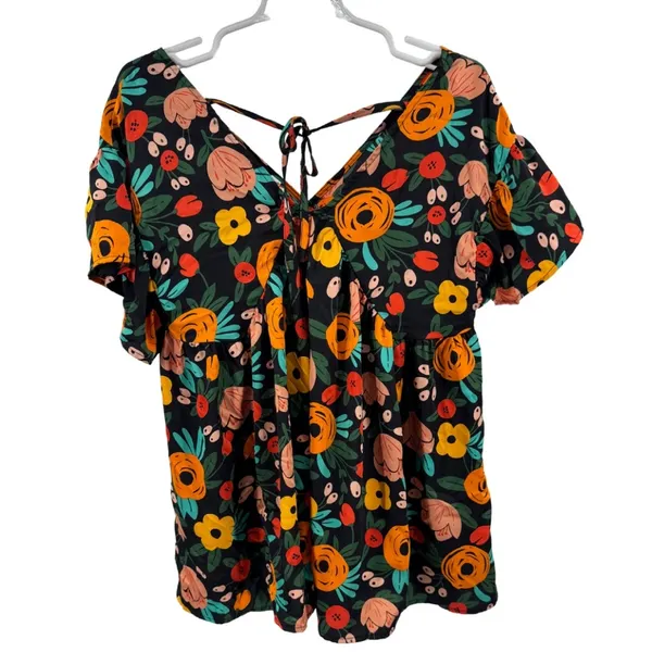 Entro Floral babydoll Blouse M Black Orange Yellow Green colorful flowy silky - Image 2