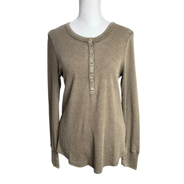 Aerie Brown Ribbed Henley Long Sleeve Layering Top Size Medium - Image 2