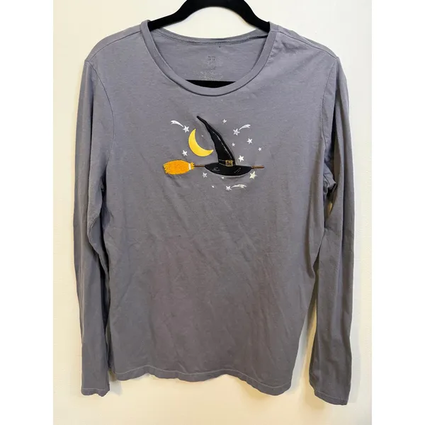 Unbranded Halloween Witch Hat T-Shirt Girls XL/16-18 Grey Good Embroidered Moon - Image 2