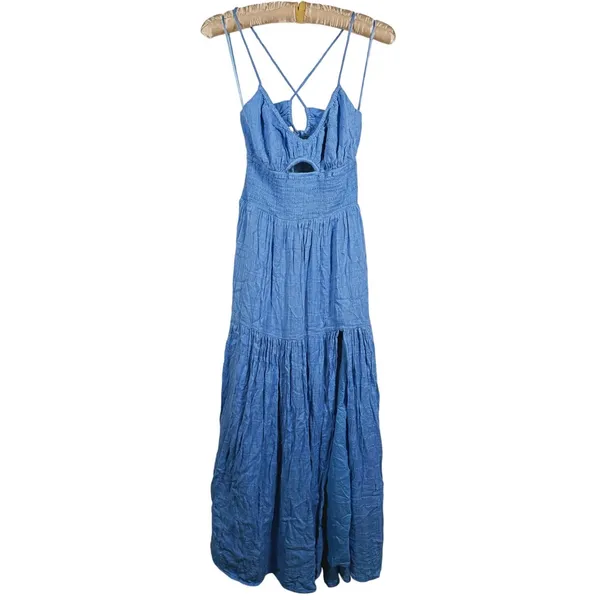 L*Space Calla Smocked Maxi Dress Medium Blue Boho Coastal Resort Beach Summer - Image 3