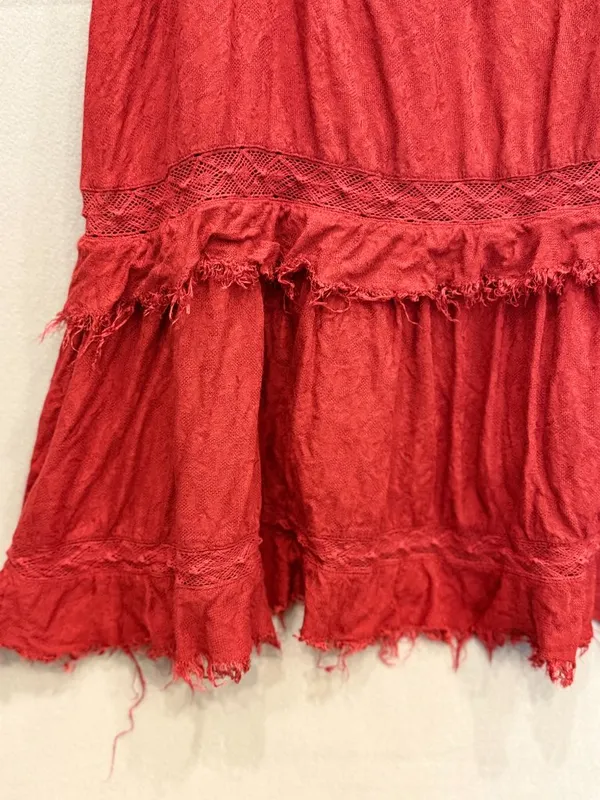 Free People Intimately Boho Red Mini Dress Raw Hem Ruffle‎ Festival Fairycore M - Image 4
