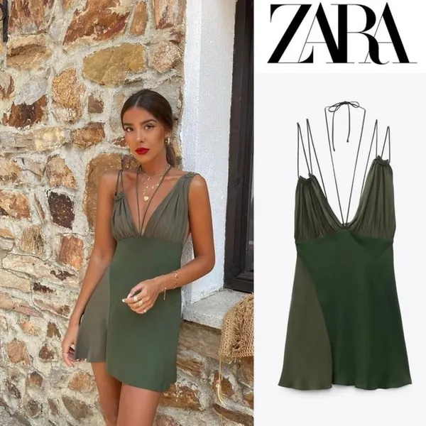 ZARA Green Patchwork Asymmetrical Mini Dress Cocktail Fairy Whimsy Boho Sz Medium NEW - Image 4