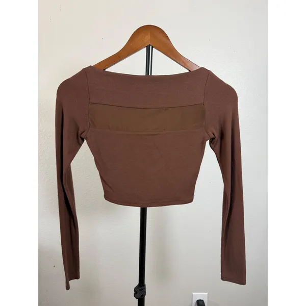 Naked Wardrobe Womens XS Brown Mesh Panel Long Sleeve Crop Top NW-C2068 - Image 2