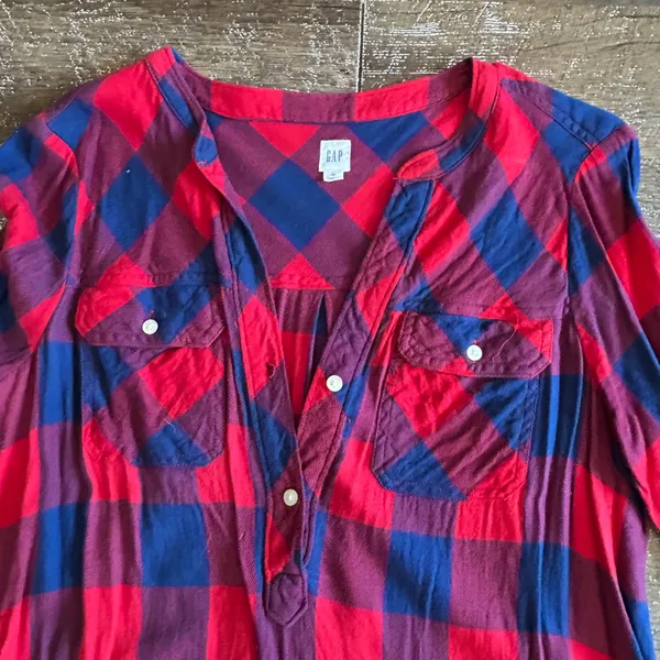 Gap‎ Womens Red Navy Buffalo Plaid Henley Tunic Top Long Sleeve Cotton Blend M - Image 2