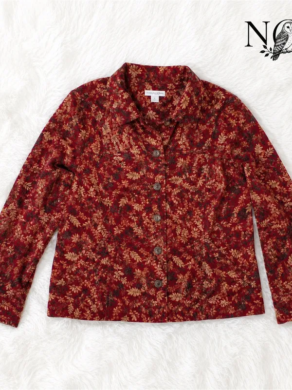 Red Leaf Print Corduroy‎ Jacket XL Autumn Cottagecore 100% Soft Cotton Button Up - Image 4