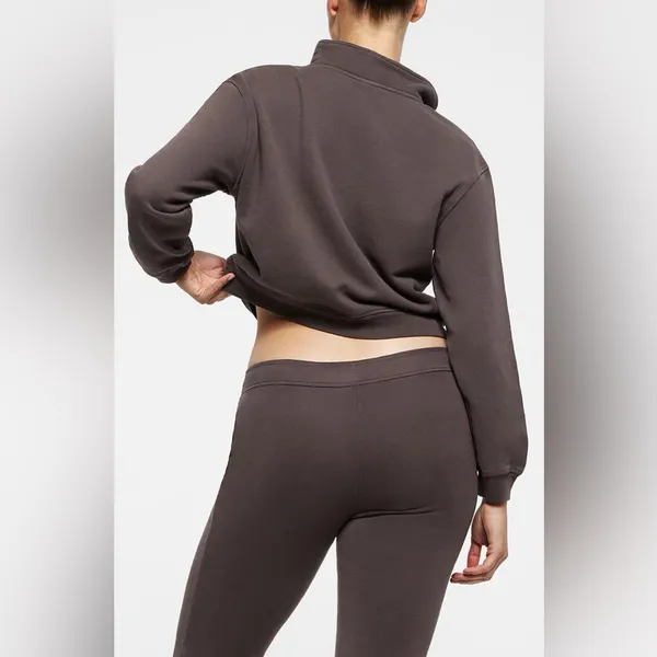 Skims Half Zip Sweater Cropped French Terry Pullover Chocolate Brown Size Small - Image 2