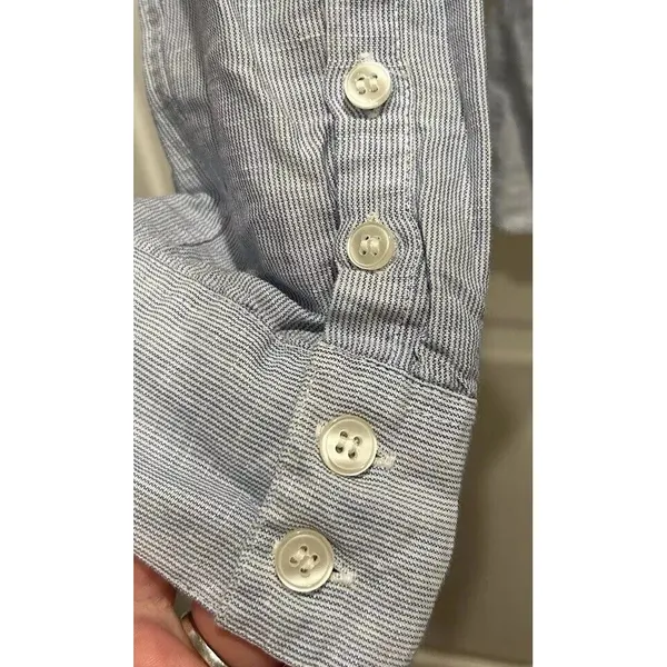 H&M Women Blue White Striped Linen‎ Cotton Button Down Roll Tab Shirt Size 14 - Image 4