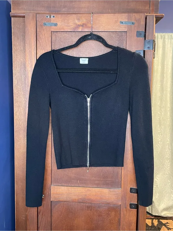 Abercrombie & Fitch Womens Zip Front Cardigan Top Small Black Fitted Y2K Ribbed - Image 2