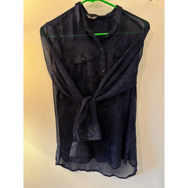 Eddie Bauer Womens Navy Blue Black Floral Sheer Button Down Blouse Small Classic - Image 3