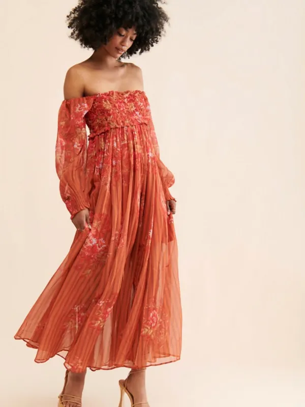 Free People Angel Eyes Brown Floral Off Shoulder High Slit Maxi Dress XS - Image 14