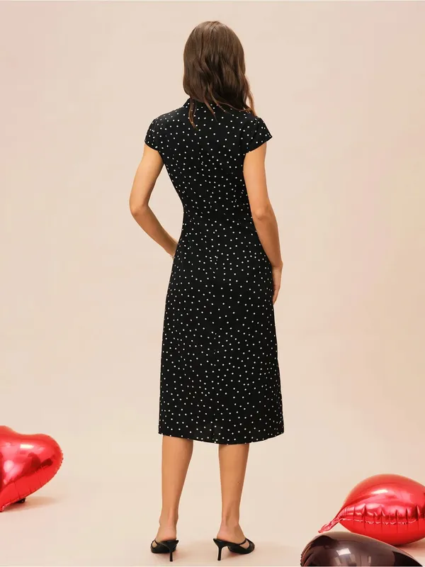 Rihoas Black Mandarin Collar Polka Dot Midi Dress - Image 6
