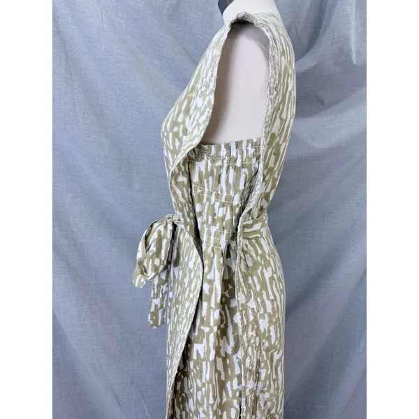 MIRTH‎ Olive Block Print Cotton Midi Dress Kantha Stitch Integrated Belt L - Image 12