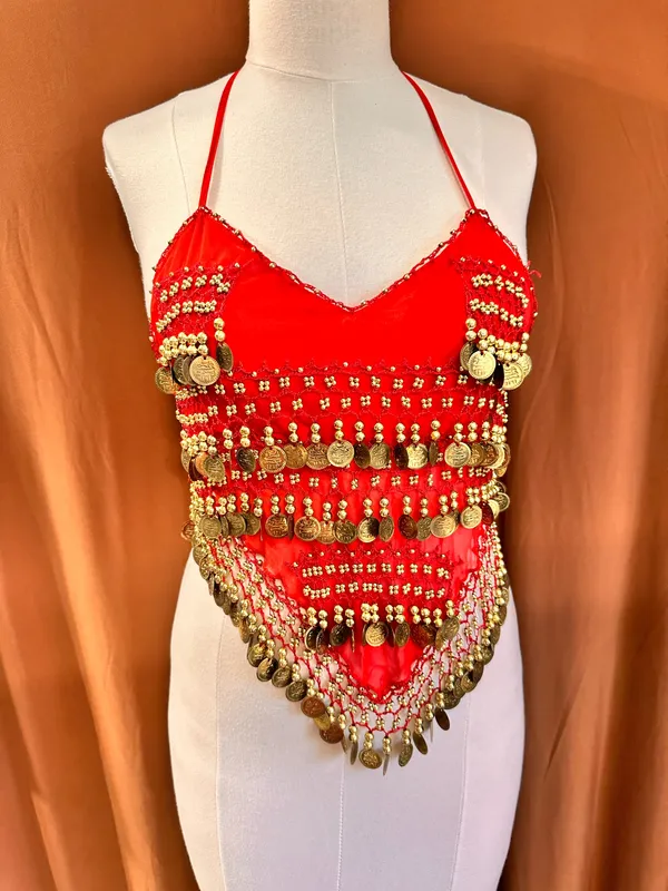 Belly Dance Costume Size M-L Red Golden Coins Halter Top & Hip Scarf - Image 2