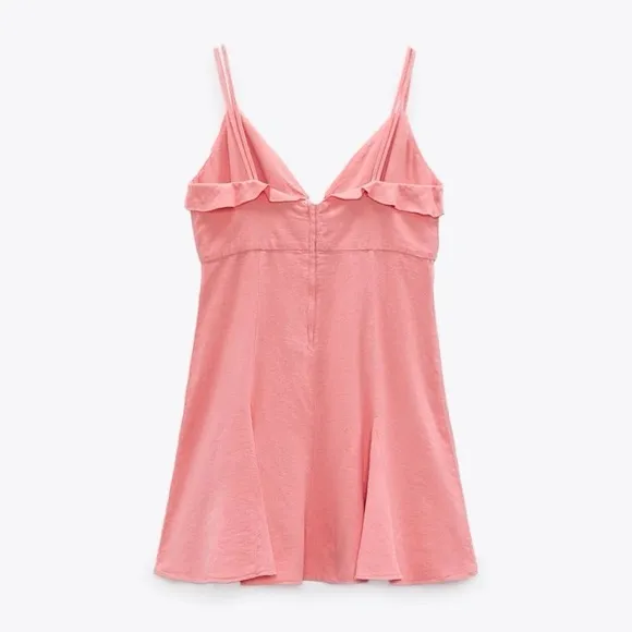 NWT Zara Coral Pink Linen Blend Mini Dress Ruffle Tie Front Size Small - Image 5