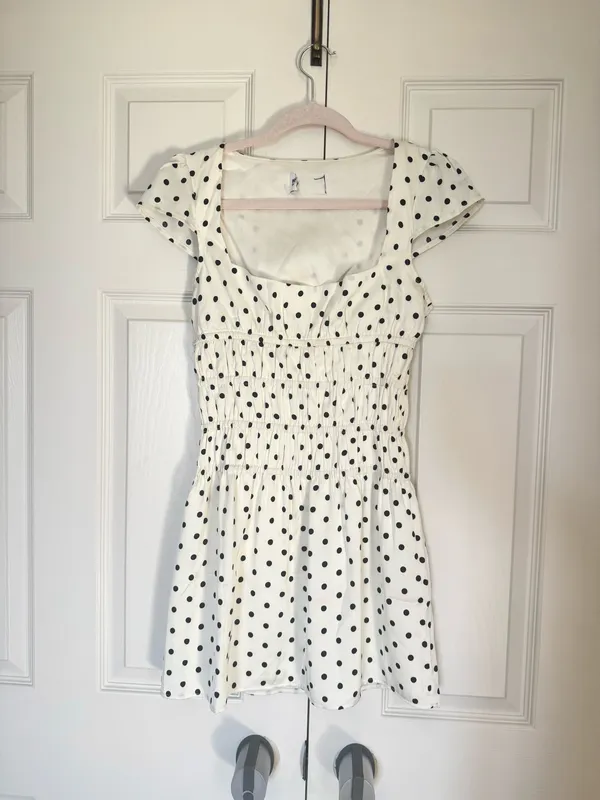 Princess Polly Evangelie Ruched White Black Polka Dot Mini Dress - Image 2
