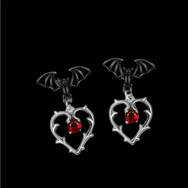Gorgeous Black Bat Heart‎ Dangle Halloween Earrings with Ruby Color Decor Silver - Image 8