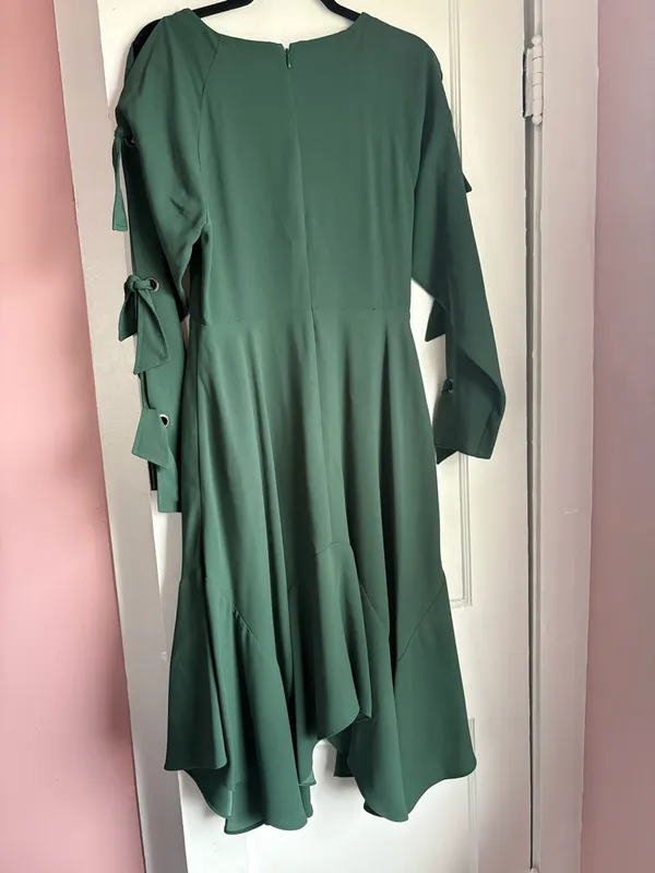 BCBGMAXAZRIA Cicely Emerald Green Asymmetrical Tie Sleeve Dress Size 6 - Image 7