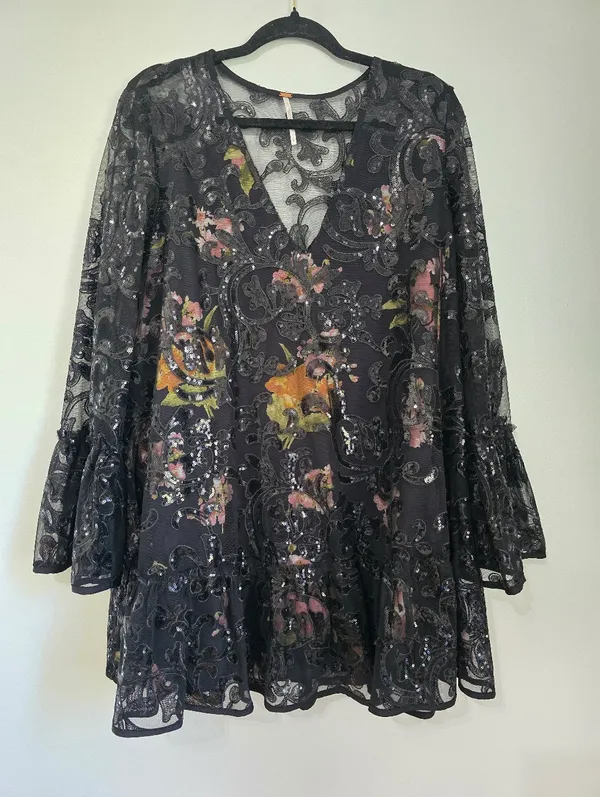 Free People Falling Flowers Frock Mini Dress Pink Black Sequins - Image 4