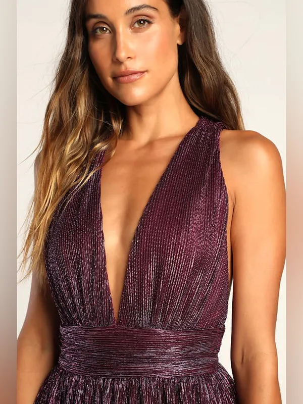 Lulu's Metallic Deep Plum Plunge Mini Dress size L - Image 3