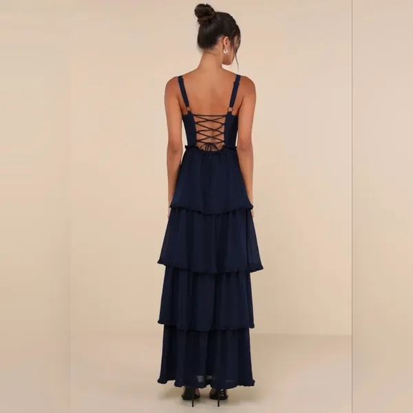 Lulus Sophisticated Occasion Bustier Lace-Up Maxi Dress NWOT size Medium Navy - Image 2