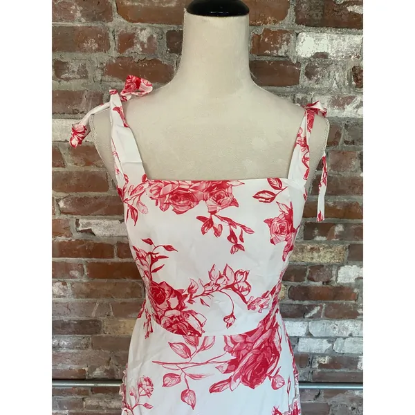 Red White Floral Toile Maxi Dress Tie Shoulder Low Back Tiered Hem Women Size L - Image 2