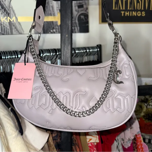 Juicy Couture Quilted Gull Grey Puff Half Moon Xbody Crossbody Faux Leather Bag - Image 3
