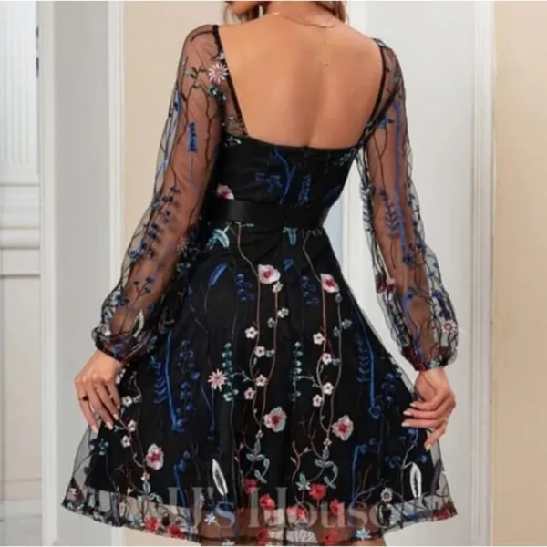 NWT JJ’s House Black Sheer Embroidered Dark Floral Romantic Dress Size M - Image 3