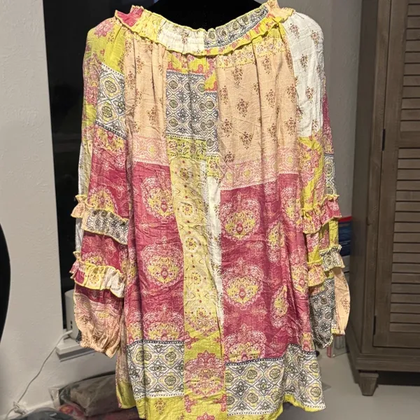 Cato Womens Patchwork Print Ruffle Tie Neck Blouse‎ Pink Yellow Size L - Image 4