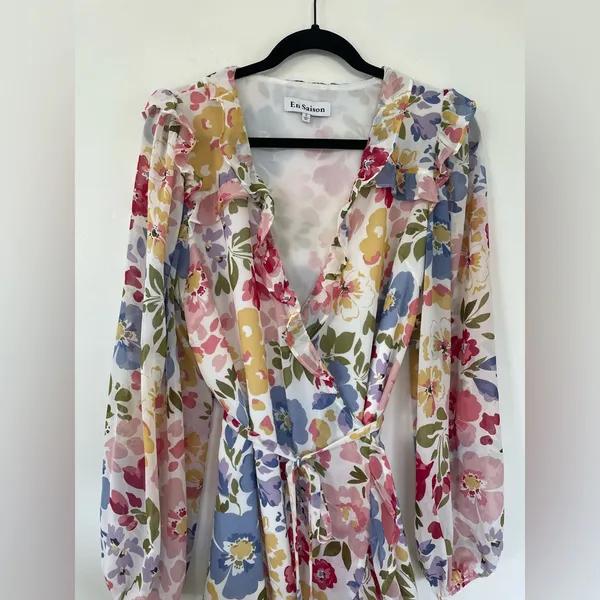 EN SAISON Floral Ruffle Wrap Dress S | Romantic Summer Dress - Image 4