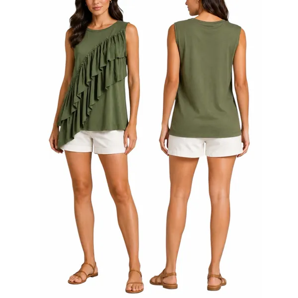 J. Crew Tiered Ruffle Drapey Crew Neck Tank Top Green Size M - Image 2