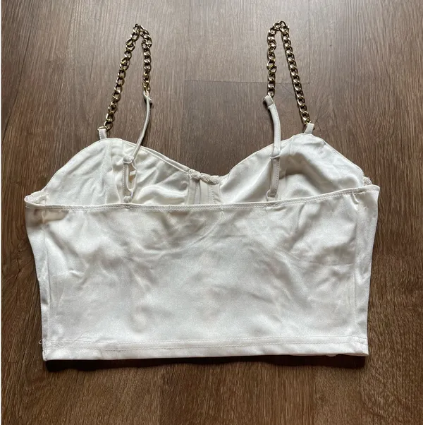No Comment White Crop Top with Gold Chain Straps - Image 2