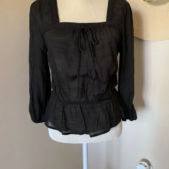 June & Hudson Nordstrom Black Sheer Peasant Boho Long‎ Sleeve Top Size M… - Image 6