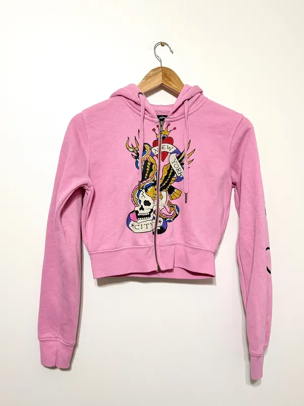 Ed Hardy Pink Skull Graphic Cropped Zip Hoodie Women’s NYC Medium - Image 2
