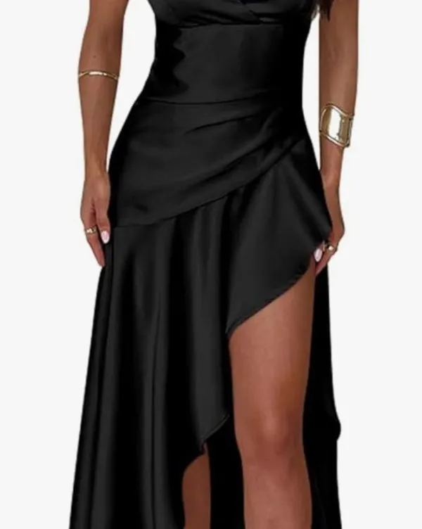 V Neck High Slit Ruffle Hem Party Evening Maxi Dress - Image 3