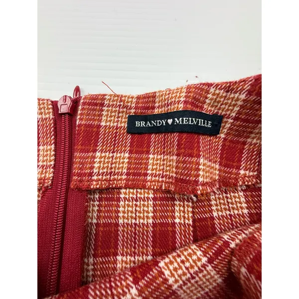 Brandy‎ Melville Red Plaid Mini Skirt High Waisted A-Line Front Slit size s - Image 4