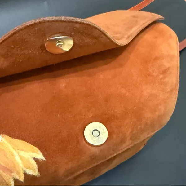Vintage CHARLES JOURDAN Brown Suede Leather Hand-painted Sunflower Crossbody Bag - Image 9