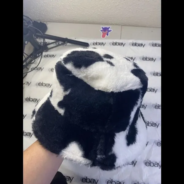 Cow Print Faux Fur Bucket Hat Black & White Fluffy Y2K Unisex - Image 6